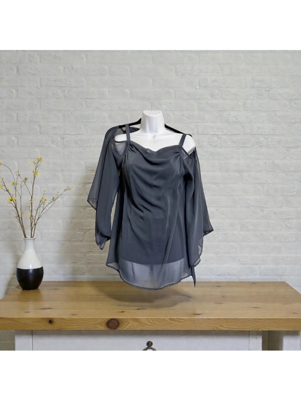 Kenar Sheer Size S Cold-Shoulder Dressy Chiffon Overlay Blouse Charcoal Gray